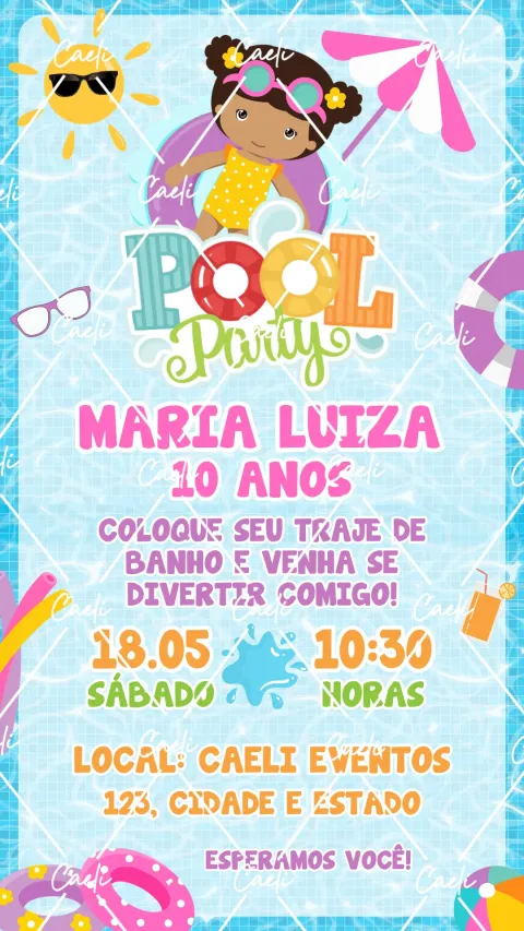 Convite de aniversário infantil Pool Party Menina com envelope e confirmação de presença
