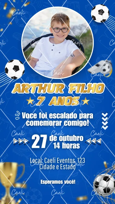 Convite de aniversário infantil Futebol com envelope e confirmação de presença