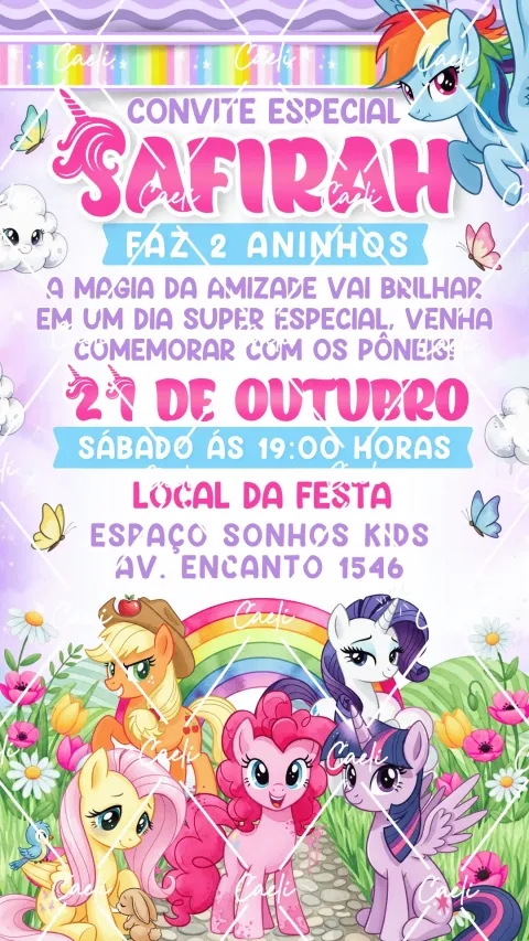 Convite de aniversário infantil My Little Pony com envelope e confirmação de presença
