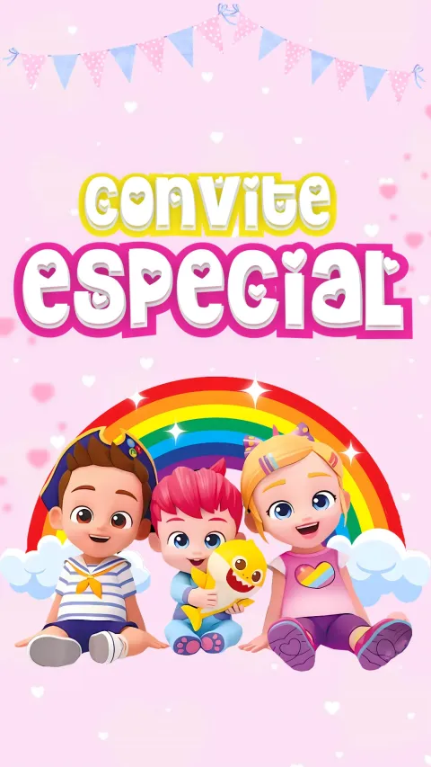 Convite de aniversário infantil Bebefinn Menina animado com envelope e confirmação de presença