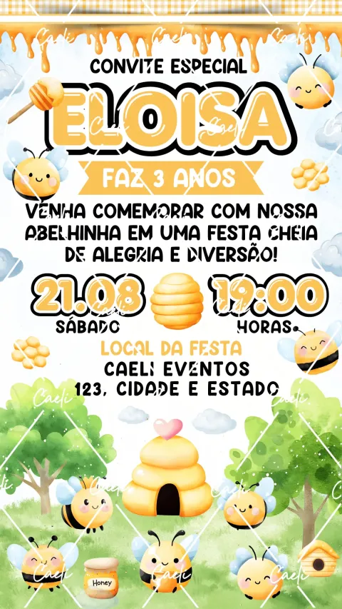 Convite de aniversário infantil Abelhinha Cute com envelope e confirmação de presença
