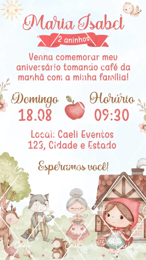 Convite de aniversário infantil Chapeuzinho Vermelho com envelope e confirmação de presença