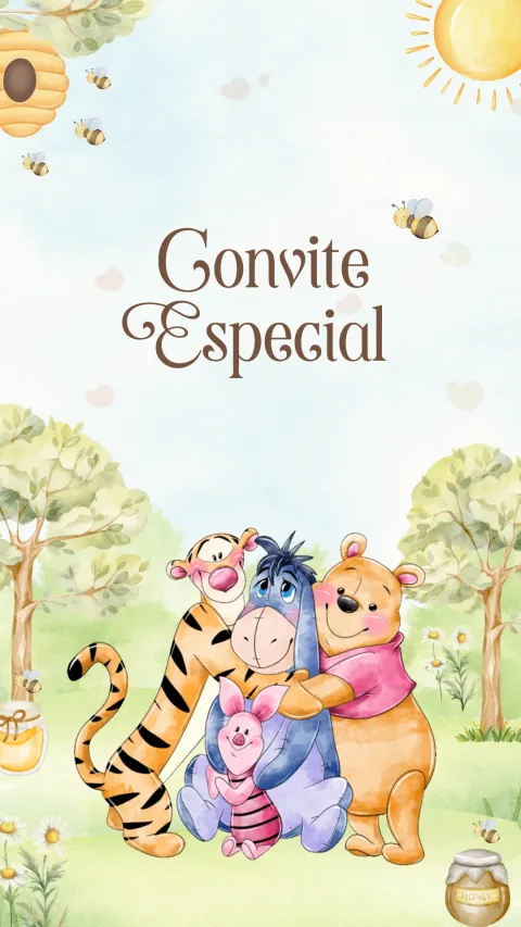 Convite de aniversário infantil Ursinho Pooh animado com envelope e confirmação de presença