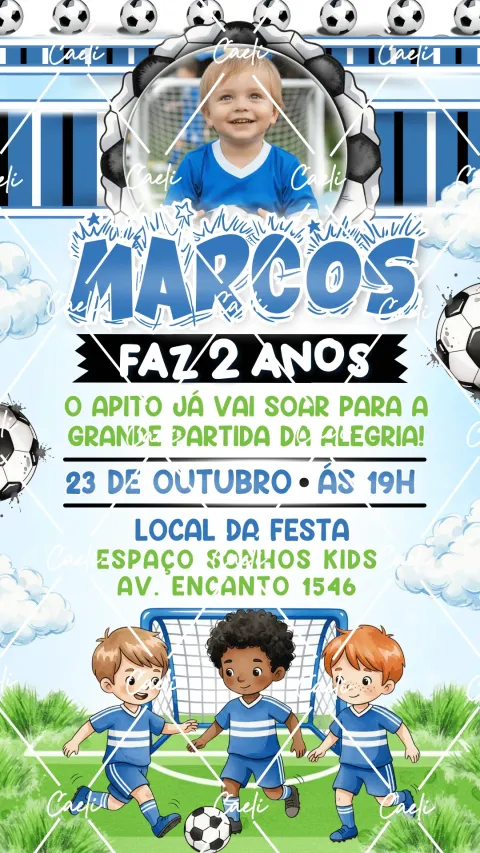 Convite de aniversário infantil Futebol com envelope e confirmação de presença