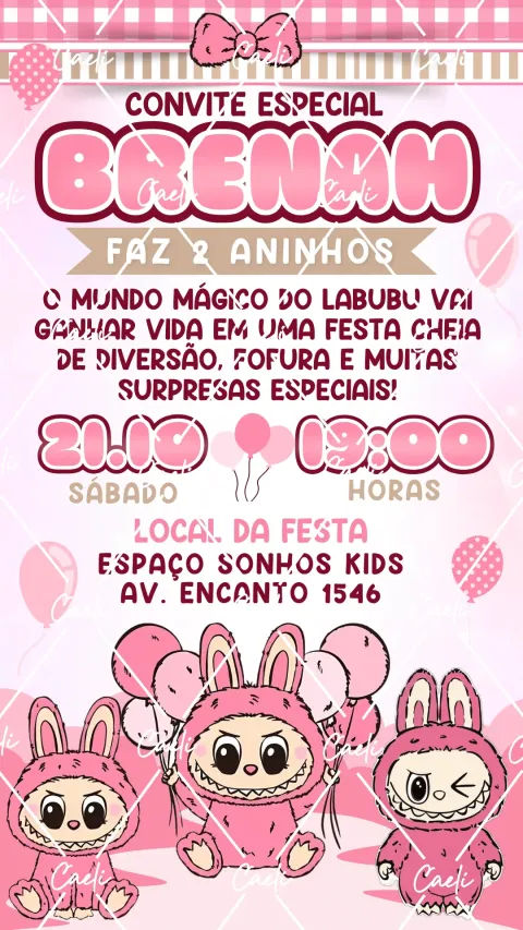 Convite de aniversário infantil Labubu Rosa com envelope e confirmação de presença