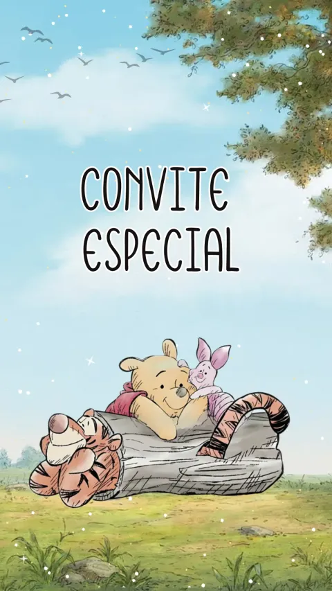 Convite de aniversário infantil Ursinho Pooh animado com envelope e confirmação de presença