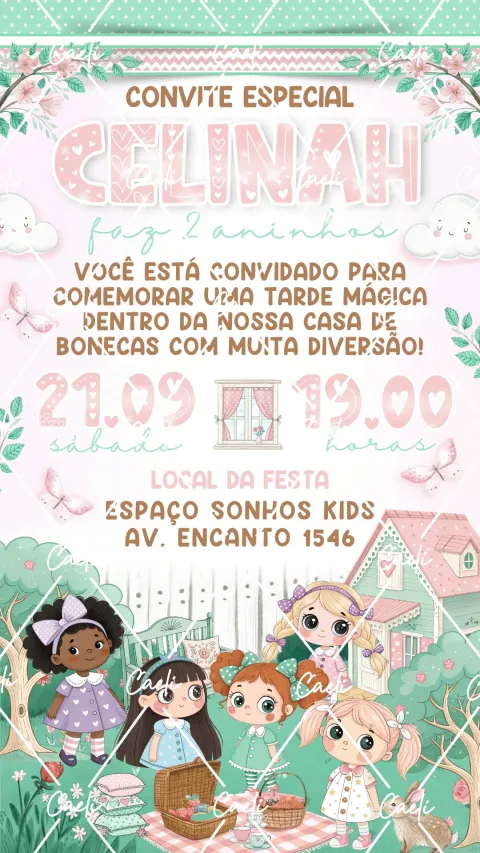 Convite de aniversário infantil Casa de Bonecas com envelope e confirmação de presença