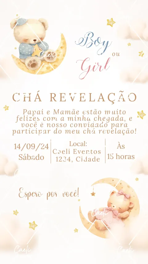 Convite de chá revelação azul e rosa – Ursinhos na Lua com envelope e confirmação de presença