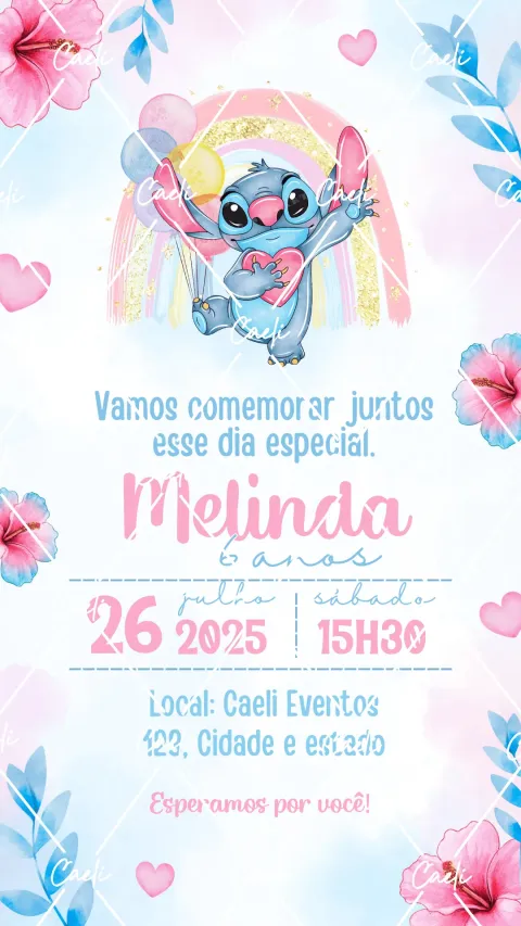 Convite de aniversário infantil Lilo e Stitch – Stitch Aquarela com envelope e confirmação de presença