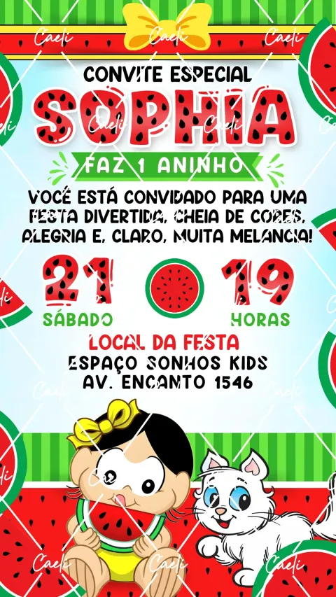 Convite de aniversário infantil Magali com envelope e confirmação de presença