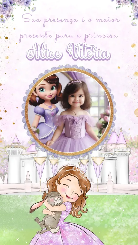 Convite de aniversário infantil Princesa Sofia animado com envelope e confirmação de presença