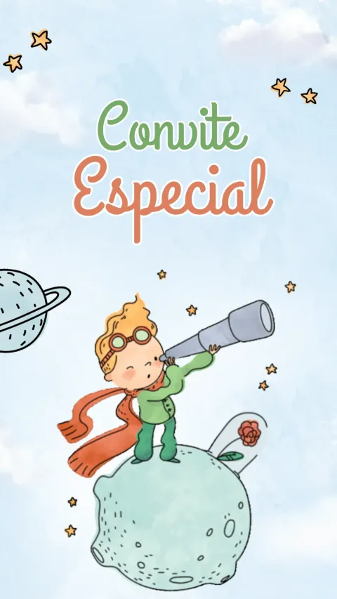 Convite de aniversário infantil Pequeno Príncipe animado com envelope e confirmação de presença