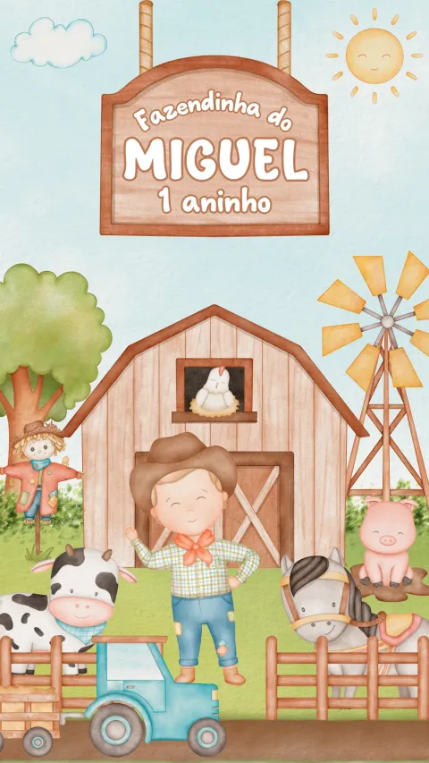 Convite de aniversário infantil Fazendinha Marrom animado com envelope e confirmação de presença