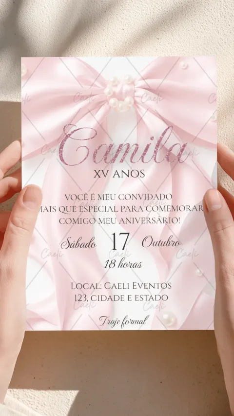 Convite de 15 anos rosa claro com envelope e confirmação de presença
