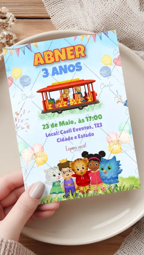 Convite de aniversário infantil Daniel O Tigre com envelope e confirmação de presença
