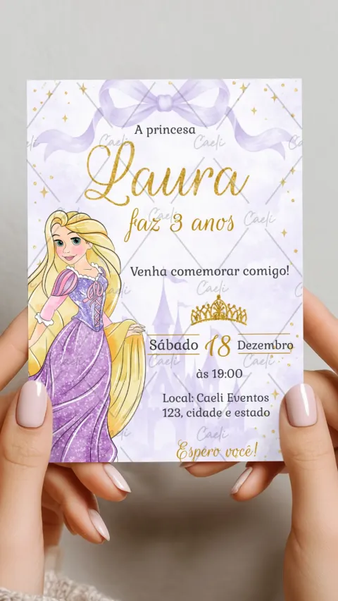 Convite de aniversário infantil Princesa – Rapunzel com envelope e confirmação de presença