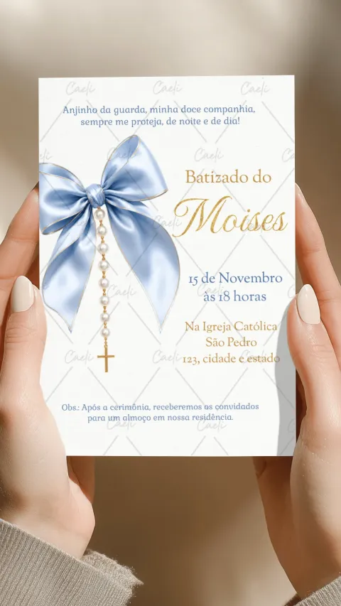 Convite de batizado menino azul com envelope e confirmação de presença