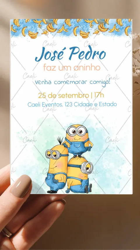 Convite de aniversário infantil Minions Aquarela com envelope e confirmação de presença