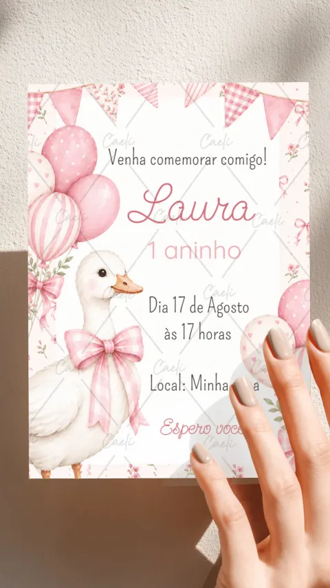 Convite de aniversário infantil Ganso Rosa com envelope e confirmação de presença