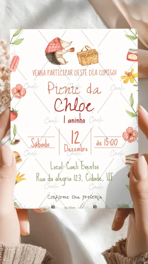 Convite de aniversário infantil Picnic com envelope e confirmação de presença
