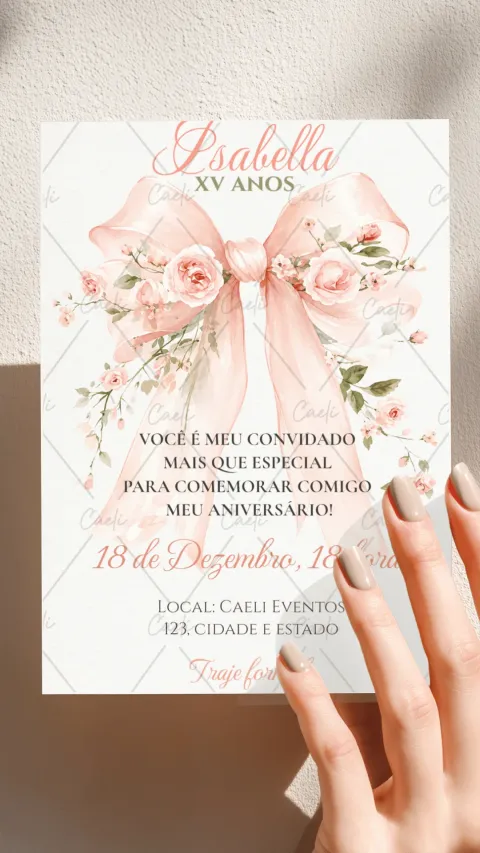 Convite de 15 anos rosa claro com envelope e confirmação de presença