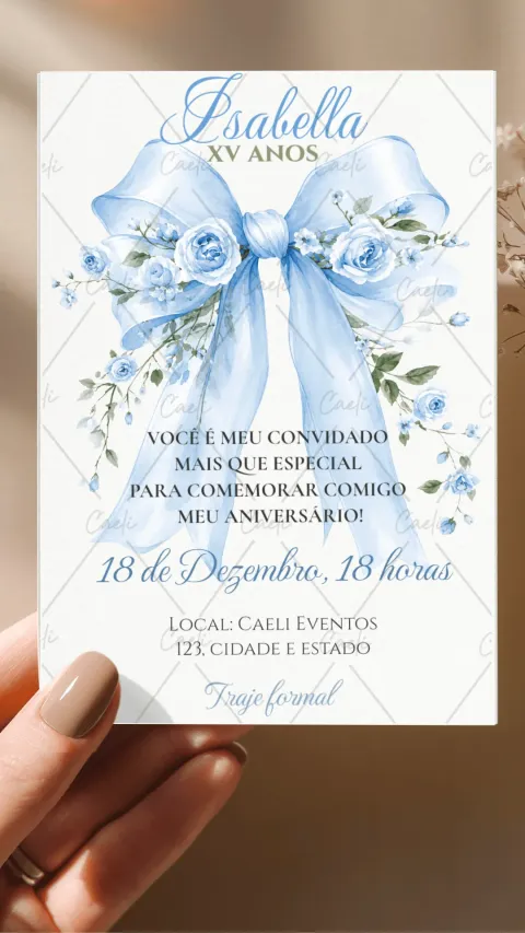Convite de 15 anos azul com envelope e confirmação de presença