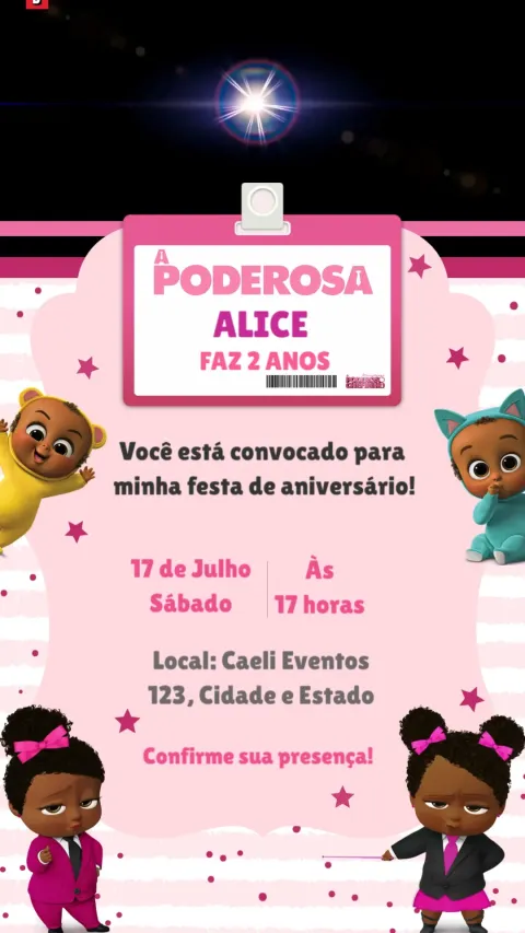 Convite de aniversário infantil Poderoso Chefinho animado com envelope e confirmação de presença