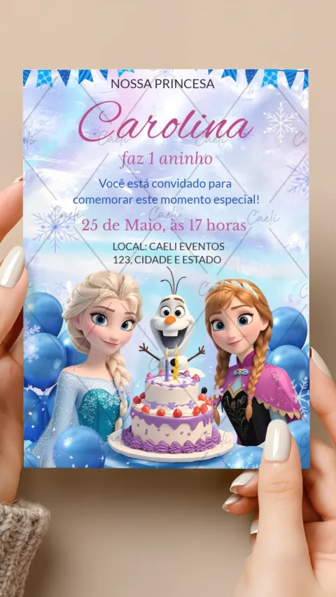 Convite de aniversário infantil Princesa – Frozen com envelope e confirmação de presença