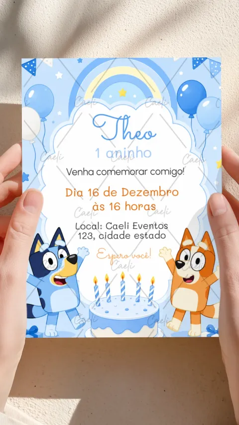 Convite de aniversário infantil Bluey Azul com envelope e confirmação de presença