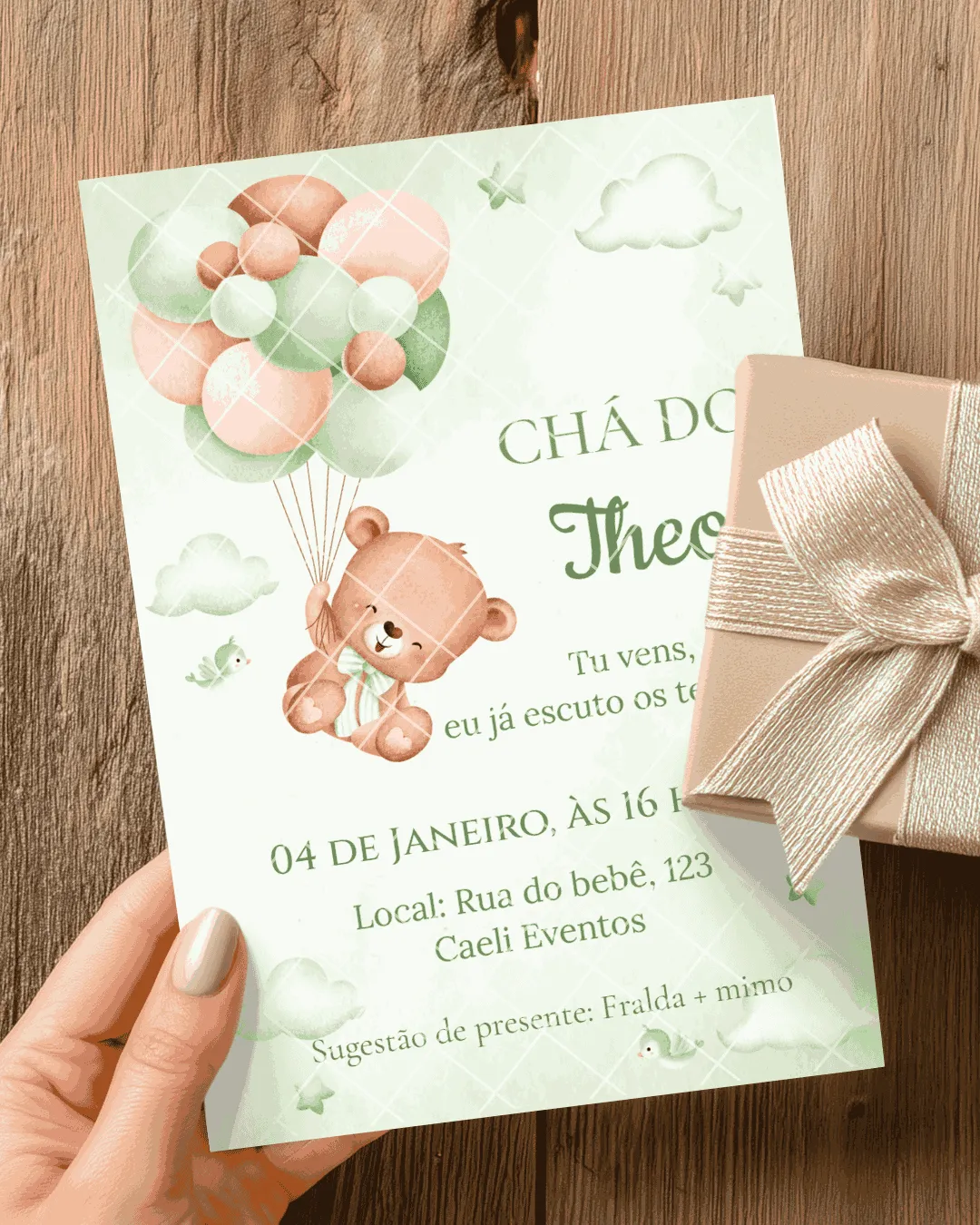 Convite Chá de Bebê Ursinho Verde editável