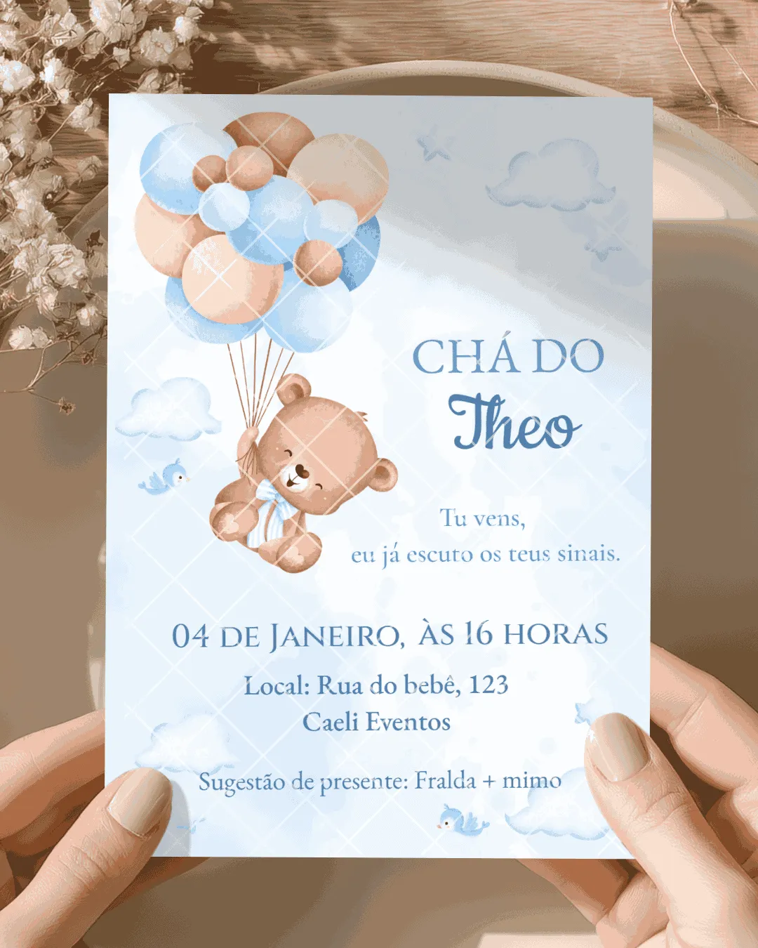 Convite Chá de Bebê Ursinho Azul