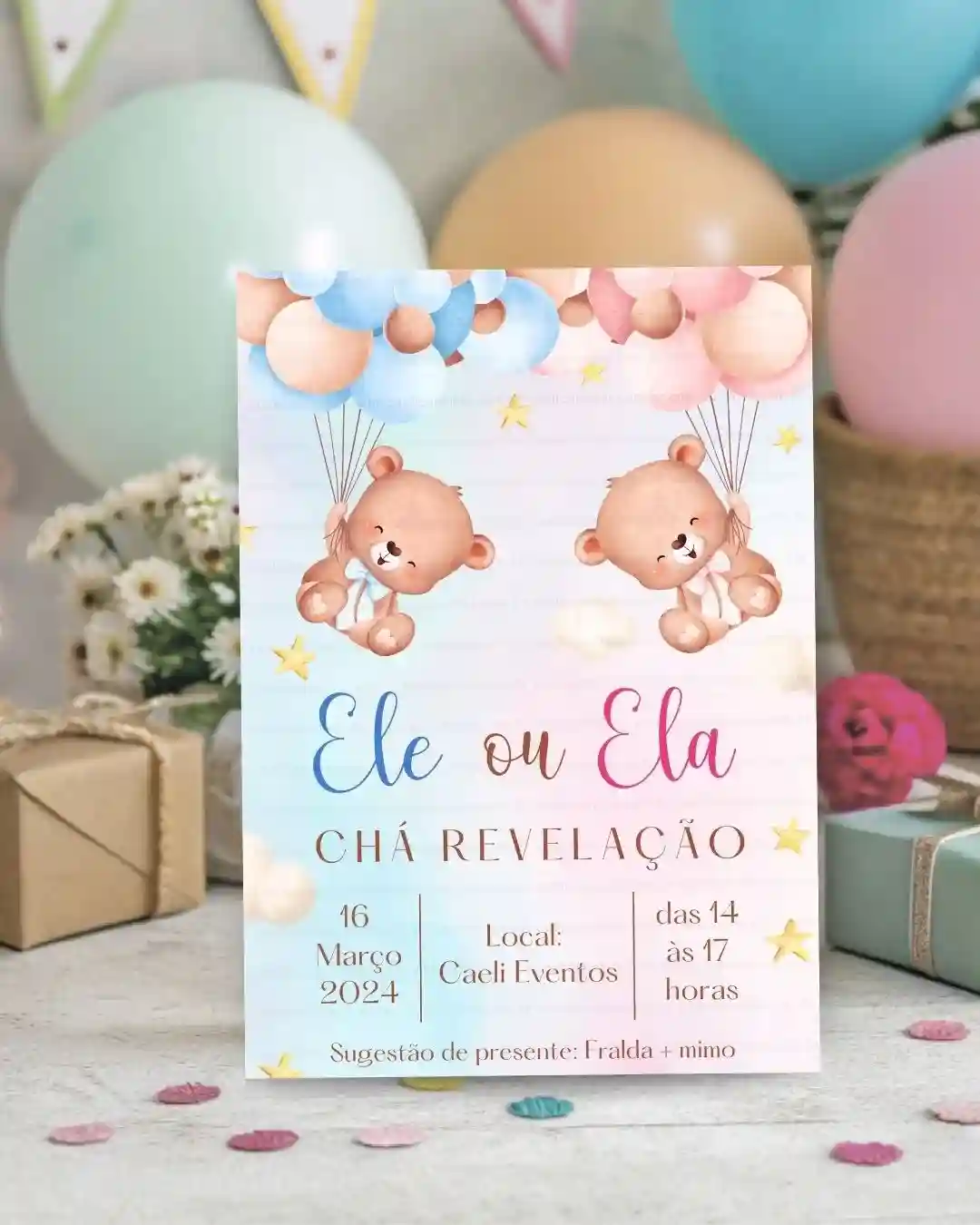 Convite Chá Revelação Azul e Rosa 1