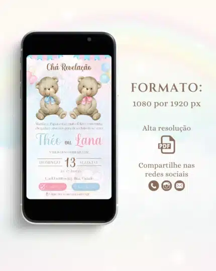 Convite Chá Revelação Interativo Azul e Rosa