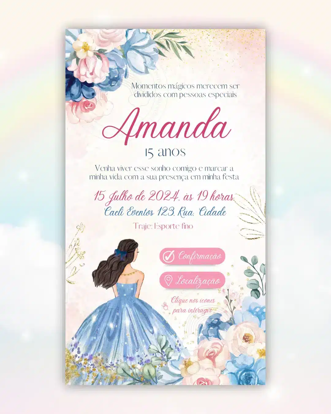 Convite Digital 15 anos Rosa e Azul 2