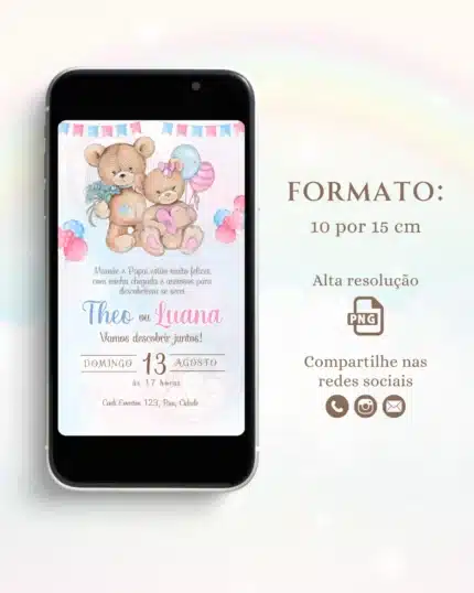 Convite Chá Revelação Azul e Rosa 2