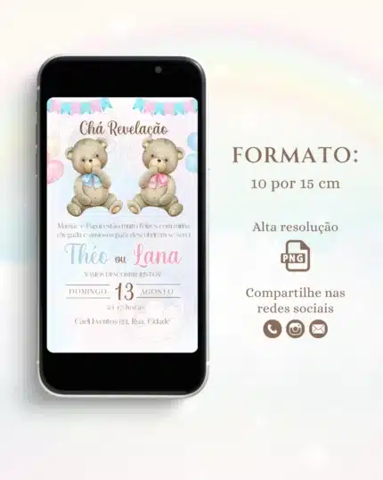 Convite Chá Revelação Azul e Rosa 3