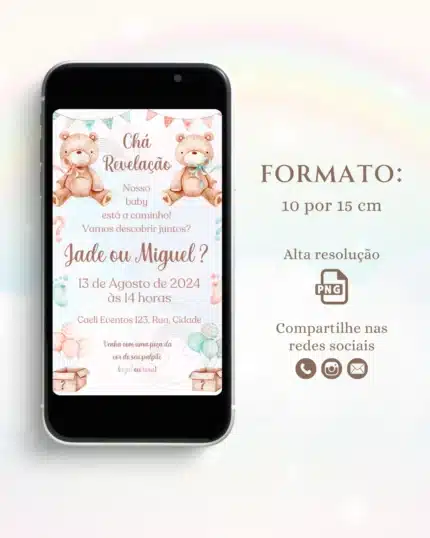 Convite Chá Revelação Azul e Rosa 4