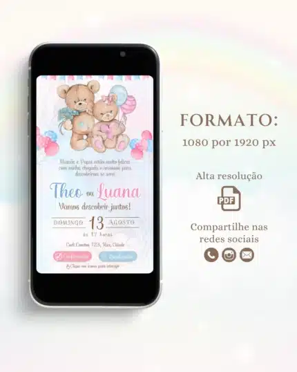Convite Chá Revelação Interativo Azul e Rosa 2
