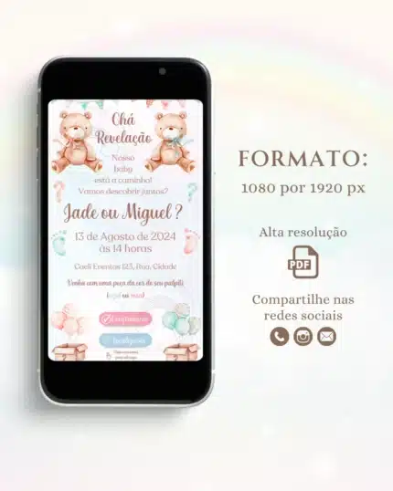 Convite Chá Revelação Interativo Azul e Rosa 3
