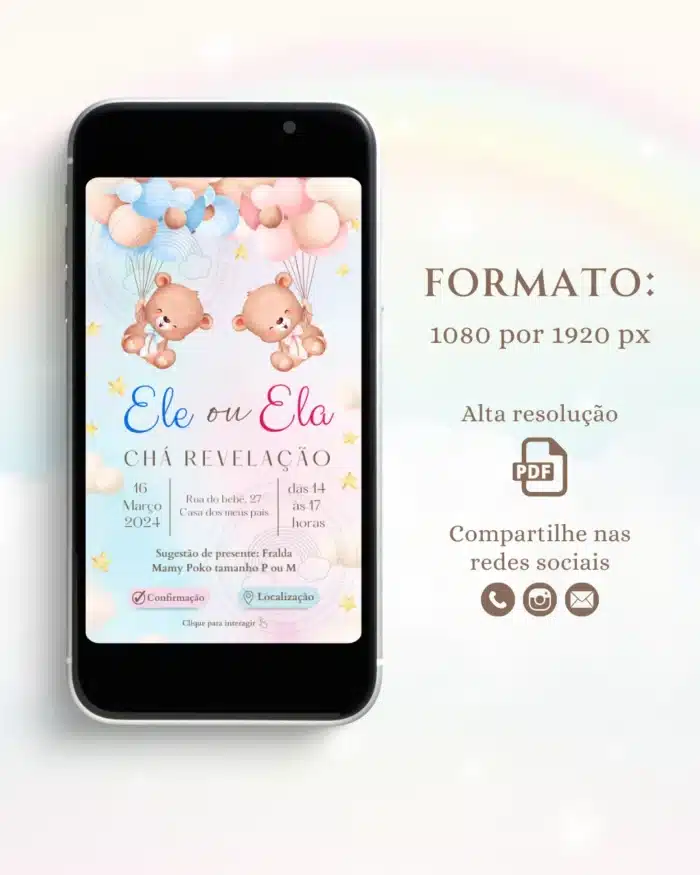 Convite Chá Revelação Interativo Azul e Rosa 4