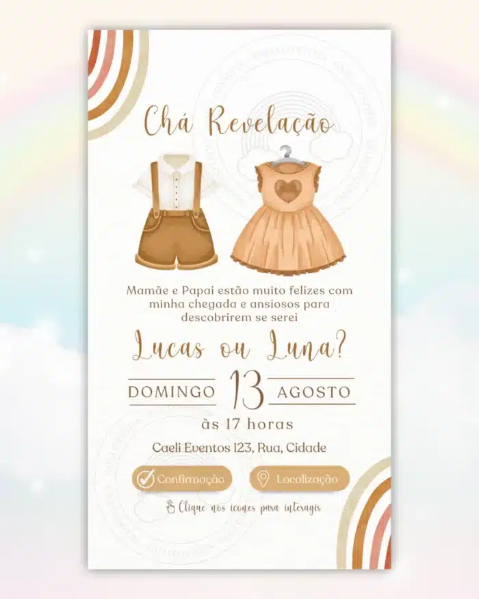 Convite Chá Revelação Interativo Neutro Boho