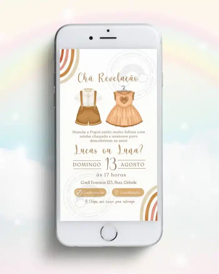 Convite Chá Revelação Interativo Neutro Boho