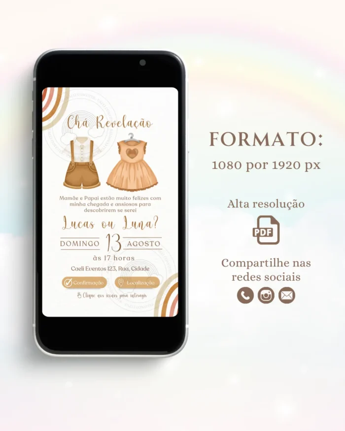 Convite Chá Revelação Interativo Neutro Boho