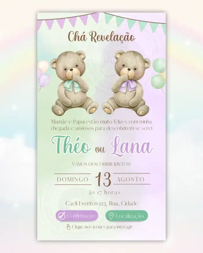 Convite Chá Revelação Interativo Verde e Lilás 2