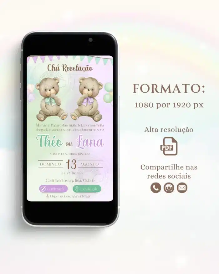 Convite Chá Revelação Interativo Verde e Lilás 2