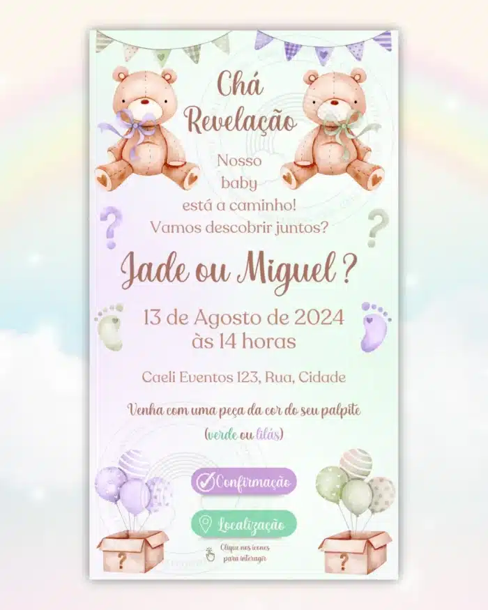 Convite Chá Revelação Interativo Verde e Lilás 3