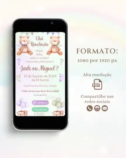 Convite Chá Revelação Interativo Verde e Lilás 3