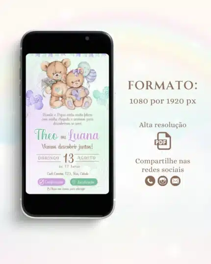 Convite Chá Revelação Interativo Verde e Lilás
