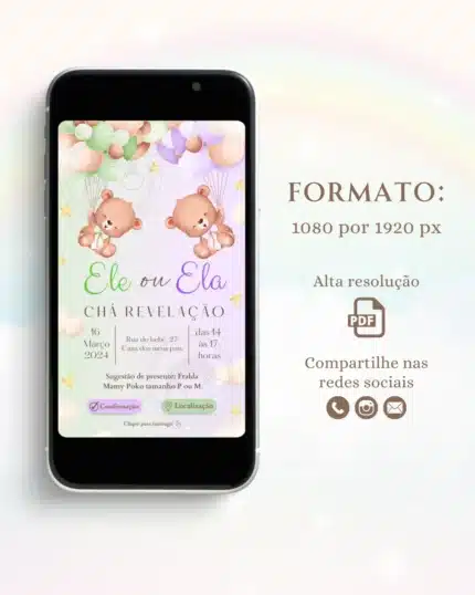 Convite Chá Revelação Interativo Verde e Lilás 4