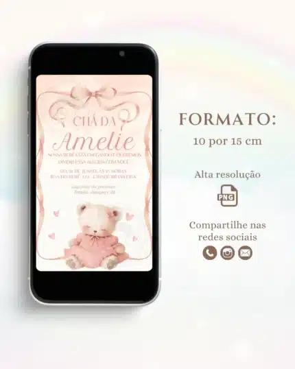 Convite Chá de Bebê Ursinha Rosa